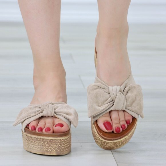 Suede Nude Bow Comfort Platform Sandal Slip On Sliders - Picture 11 of 14
